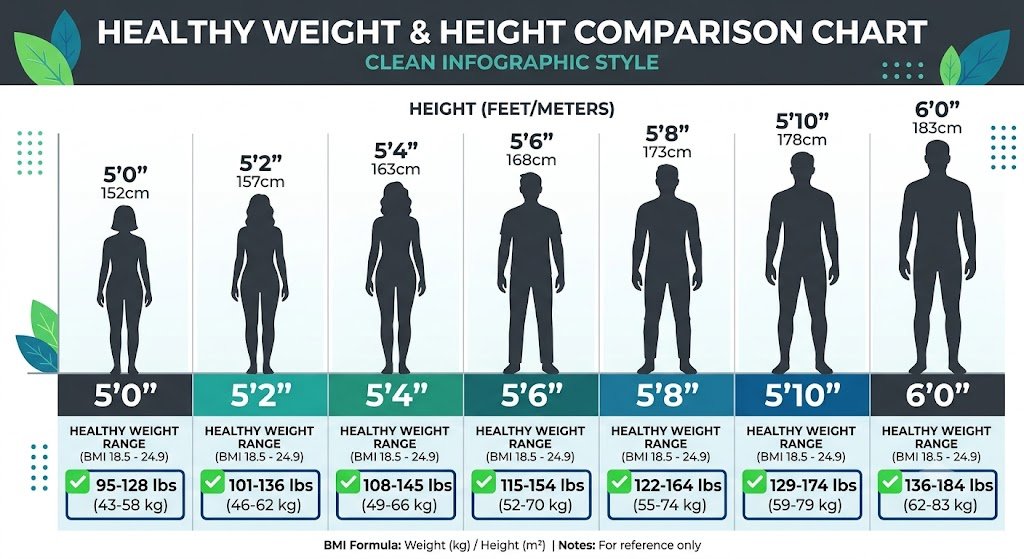 Healthy weight and height comparison chart showing normal BMI range 18.5 to 24.9 for heights 5 feet to 6 feet